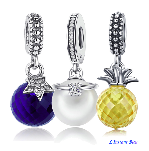 Charm « Blue Star», « Ananas », « Perle noire», « Perle », « Gland », « Perle-fleur », ou « Miel » en Argent massif et Cristal