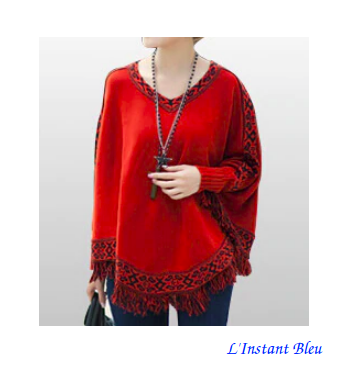 Pullover Poncho Style Boho « Anoki » - Rouge