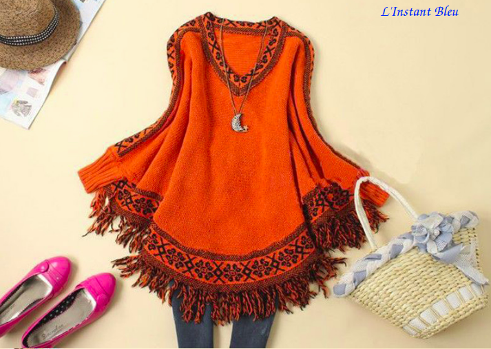 Pullover Poncho Style Boho « Anoki » - Orange 2