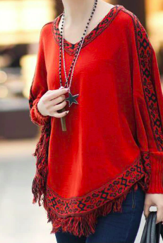 Pullover Poncho Style Boho « Anoki » - Rouge 2
