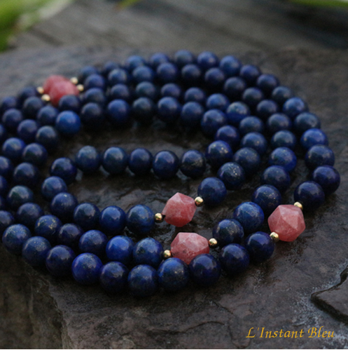 Mâlâ 108 perles « Trimurti » Lapis Lazuli  et Rhodrochrosite 8 mm-1