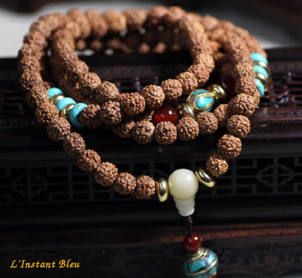 Mālā Tibétain de Méditation « Namaskar » en graines de  Rudraksha 8 mm