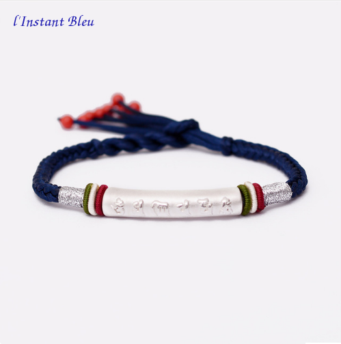 Bracelet« Om Mani Padmé Hûm » Coton et Argent-Bleu royal
