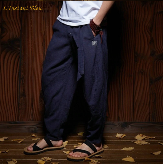 Pantalon de Yoga «  Dharma » Lin et Coton-Rubis- Bleu cobalt 1