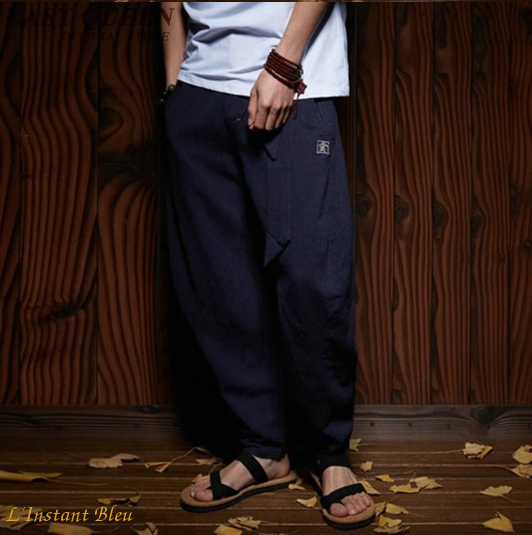 Pantalon de Yoga «  Dharma » Lin et Coton-Rubis- Bleu cobalt 3