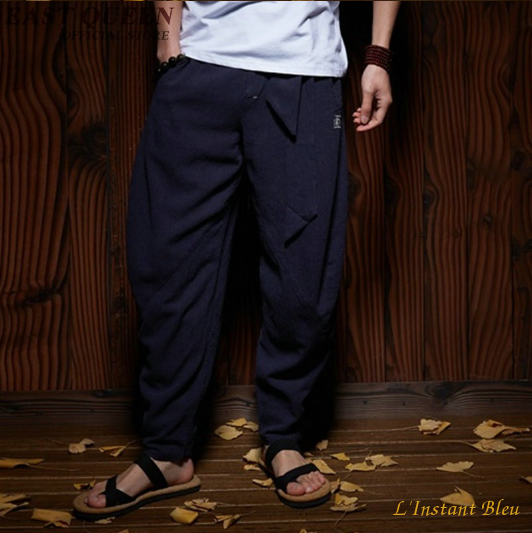 Pantalon de Yoga «  Dharma » Lin et Coton-Rubis- Bleu cobalt 2