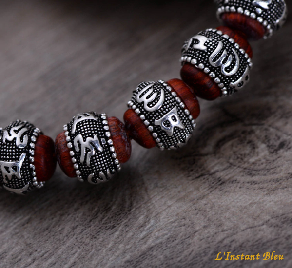 Bracelets des Amants « Mahatma » en Bois de Santal et Argent-Détail perles