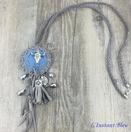 Long collier ethnique « Buffalo » style Bohème-Gris-Bleu