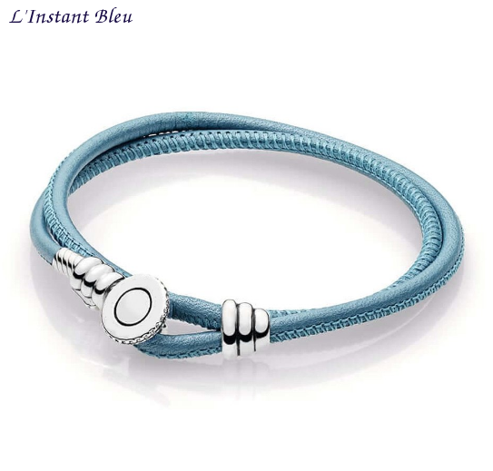 Bracelet cuir double « Gaṇāpatī  » en Argent- bleu azur