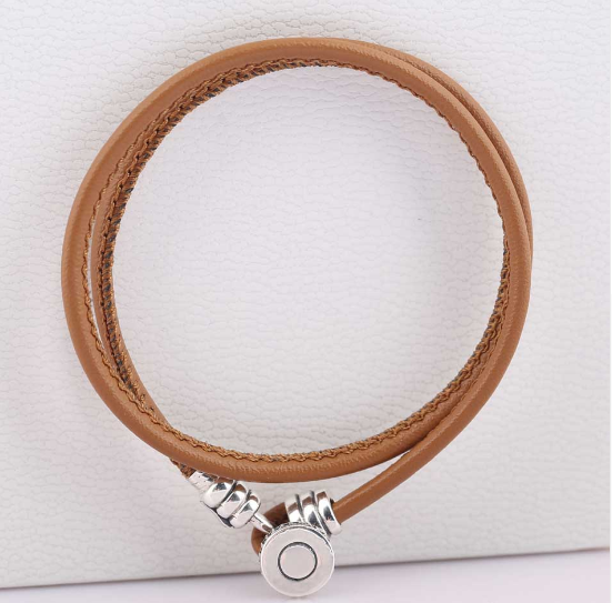 Bracelet cuir double « Gaṇāpatī  » en Argent- Camel