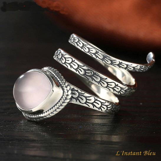 Bague anneau vintage « Śheṣha » en Argent et Quartz rose