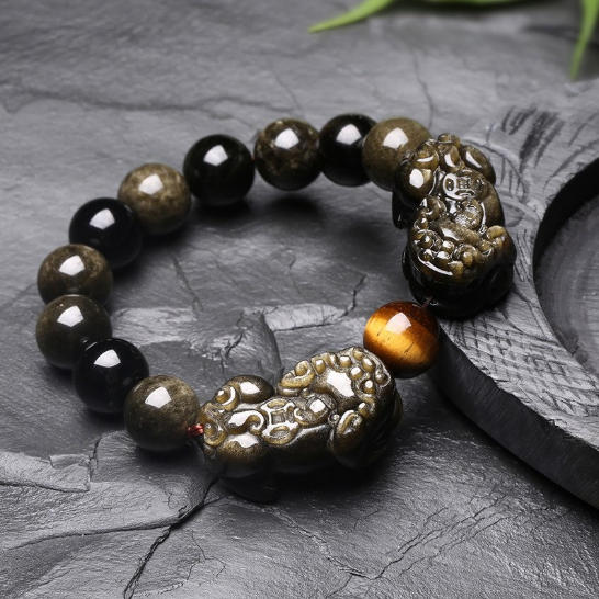 Bracelet Feng shui « PiYao » en Obsidienne dorée et Œil de Tigre