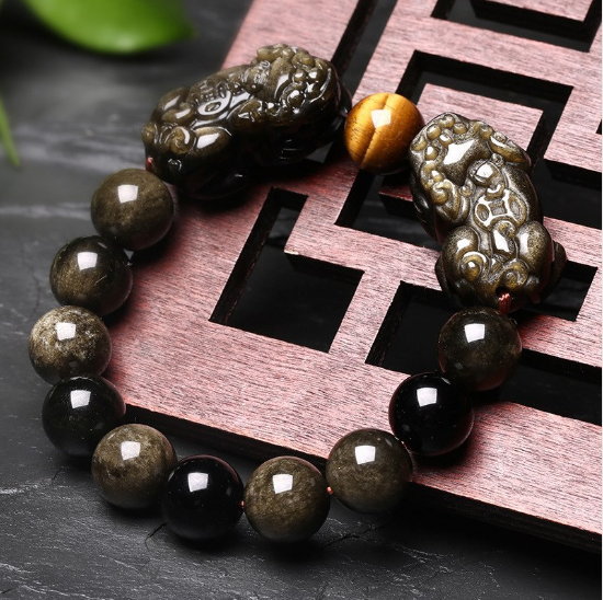 Bracelet Feng shui « PiYao » en Obsidienne dorée et Œil de Tigre-1