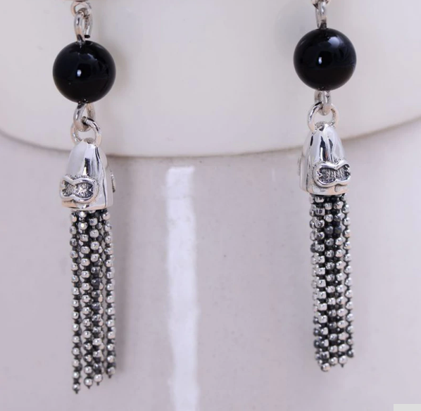 Boucles d’Oreilles Ethniques « Śrīvatsa » en Onyx noir et Argent-5