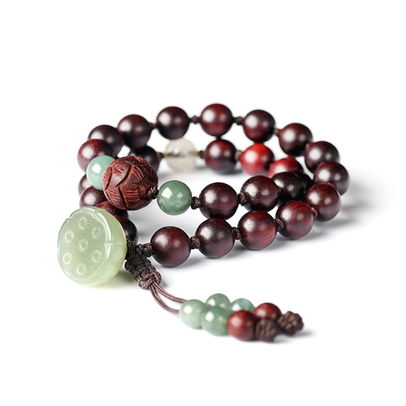 Bracelet Ethnique « Chandānā » Lotus Sacré - en Bois de Santal rouge et Jade naturel