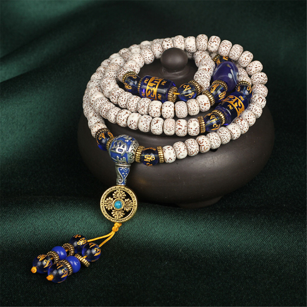Mālā 108 perles « Zarathoustra » en Graines de Bodhi et Onyx bleu - 8-9-10mm