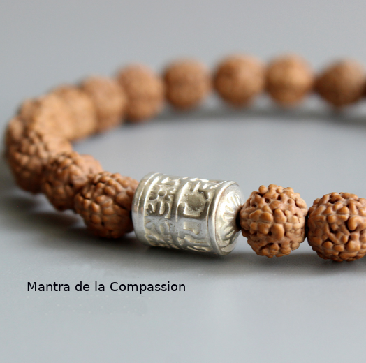 Bracelet Ethnique « Oṃ maṇipadme hūṃ » Rudraksha et Perle de prière-2
