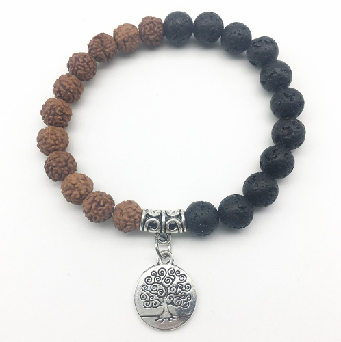 Bracelet Ethnique « Ātman » en Rudraksha et Pierre de lave