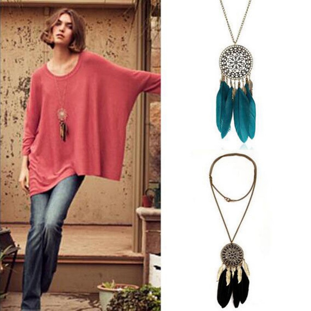 Boho-R-tro-Noir-Vert-Plume-Pendentif-Collier-Alliage-Cha-ne-Coin-Ethnique-Indien-Style-Long