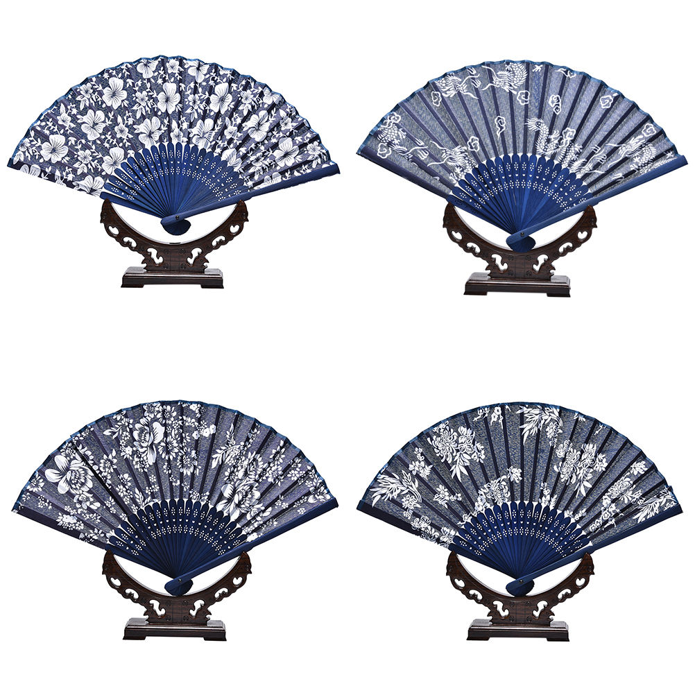 Tissu-bleu-ventilateur-main-Cool-t-classique-fleur-Design-Style-chinois-avec-teint-bleu-bambou-cadre