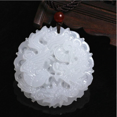 Pendentif Dragon En Jade Blanc Translucide - Bijou Fantaisie Unisexe, Neuf Sans étui