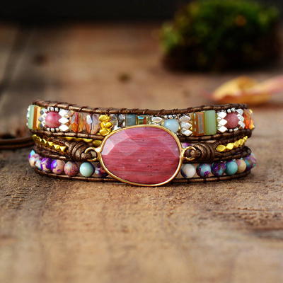 Bracelet bohème «Mānasa» Esprit libre en Cuir et Jaspe rose