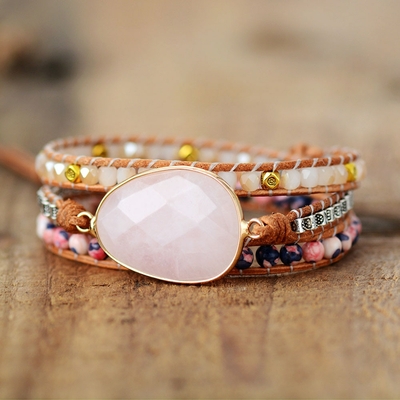 Bracelet bohème «Nalinī» Esprit libre – en Quartz rose, Rhodonite et Agate