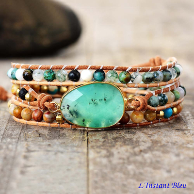 Bracelet bohème «Laṁkā» Esprit libre en Calcite verte, Pierre de lave et Jaspe mokaïte