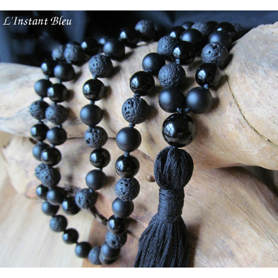 Mālā  108 perles «Shāṛvanī» en Onyx et Pierre de lave - 8 mm