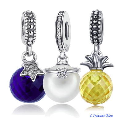 Charm « Blue Star», « Ananas », « Perle noire», « Perle », « Gland », « Perle-fleur », ou « Miel » en Argent massif et Cristal