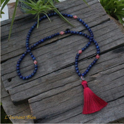 Mālā 108 perles « Trimūrti » Lapis Lazuli  et Rhodrochrosite  8 mm