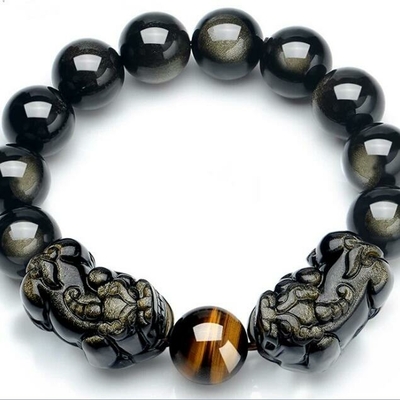 Bracelet Feng shui « PiYao » en Obsidienne dorée et Œil de Tigre
