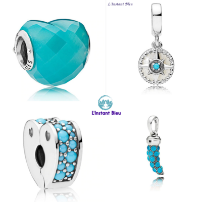 4 Charms Bohème : Coeur bleu facetté, Rose des sables, Coeur Clip bleu, Corne bleue