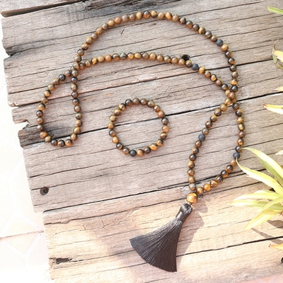 Mālā 108 perles « Śrīyantra » en Œil de Tigre et Onyx noir mat - 8 mm