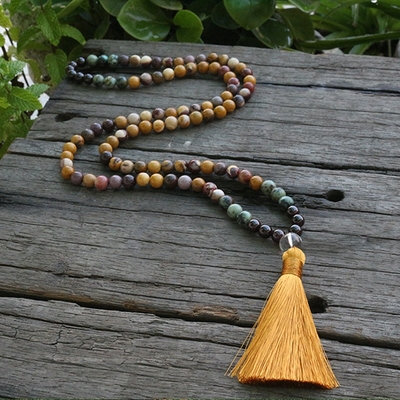 Mālā 108 perles « Sūrya » en Grenat, Jaspe mokaïte et Jaspes de couleur -  8 mm