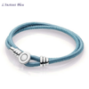 Bracelet cuir double « Gaṇāpatī  » en Argent- bleu azur