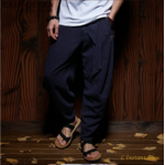 Pantalon de Yoga «  Dharma » Lin et Coton-Rubis- Bleu cobalt 5