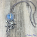 Long collier ethnique « Buffalo » style Bohème-Gris-Bleu