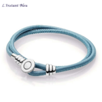 Bracelet cuir double « Gaṇāpatī  » en Argent- bleu azur