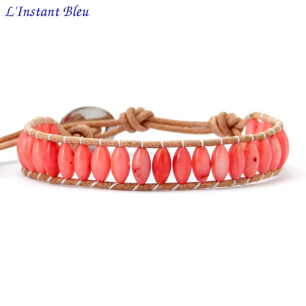 Bracelet « Suṣuptī » Cuir et Corail - Esprit d’été -1