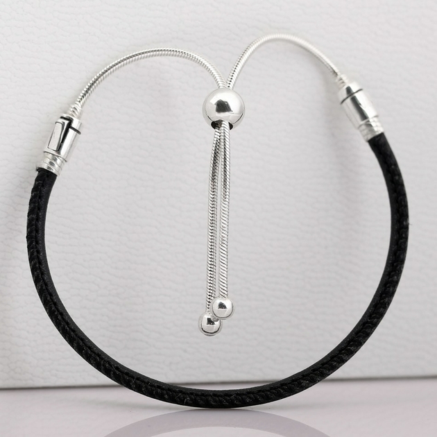 925-Sterling-Argent-Bracelet-Moments-En-Cuir-Avec-R-glable-Coulissante-Fermoir-Bracelet-Bracelet-Fit-Perle