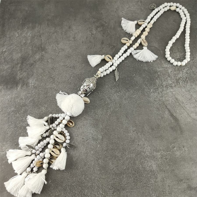Nouveau-design-blanc-long-bois-perl-cha-ne-bouddha-pendentif-la-main-boho-gland-collier-pour