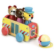 bus à trainer à formes , personnages en bois , jouet de noel 1 ans   , vilac , l'atelier dyloma , jouet mimizan