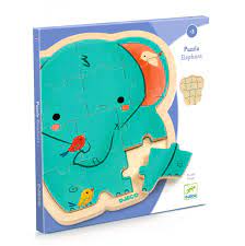 puzz elephant 14 pcs , djeco , l'atleier dyloma , puzzle a forme elephantimizan plage