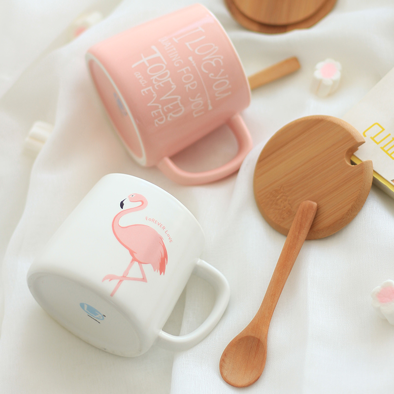 350-ml-Mignon-Rose-Flamant-C-ramique-Caf-Tasse-avec-Couvercle-et-Cuill-re-Caf-Th
