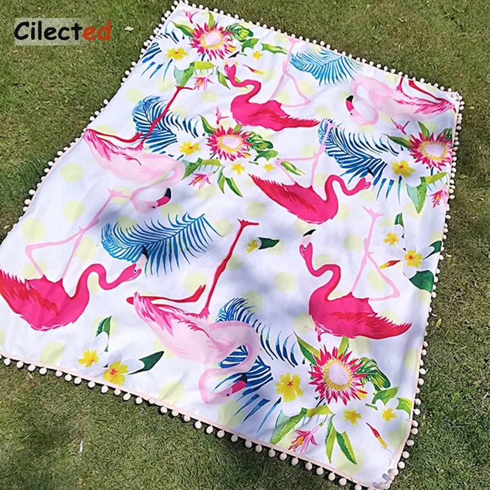 Cilected-New-Flamant-Imprim-Carr-Serviette-De-Plage-Microfibre-Serviette-De-Bain-Avec-Pompon-Tapis-De