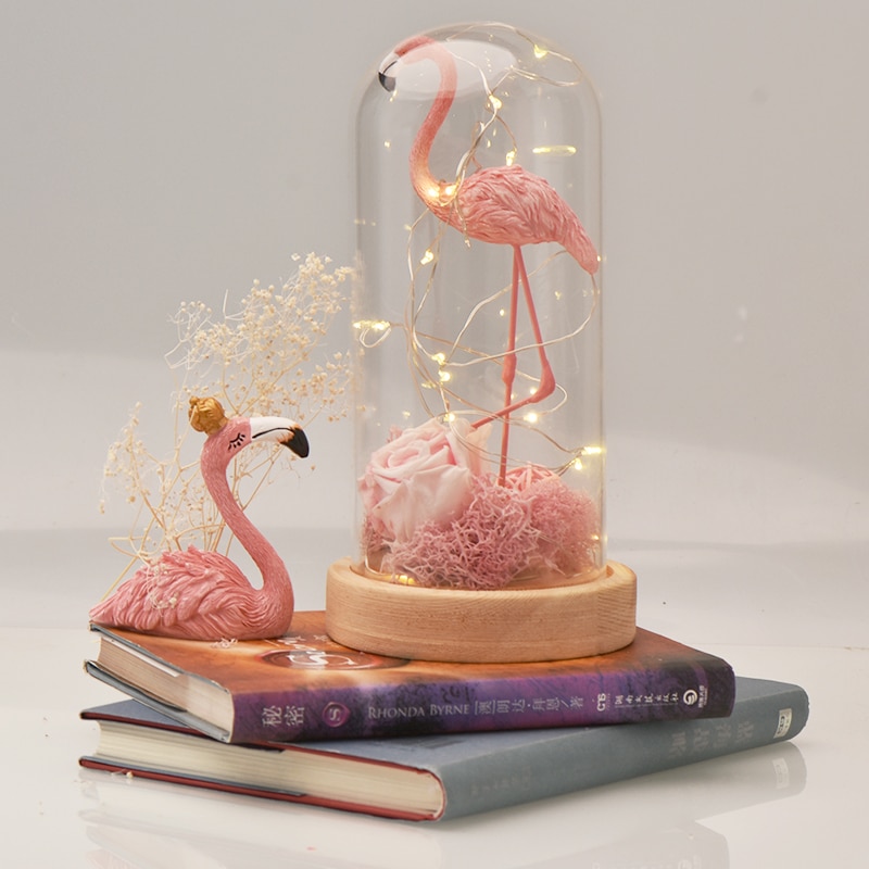 D-cor-pour-La-Maison-Rose-Flamingo-avec-Roses-Fleurs-Artificielles-LED-Lumi-re-en-Verre
