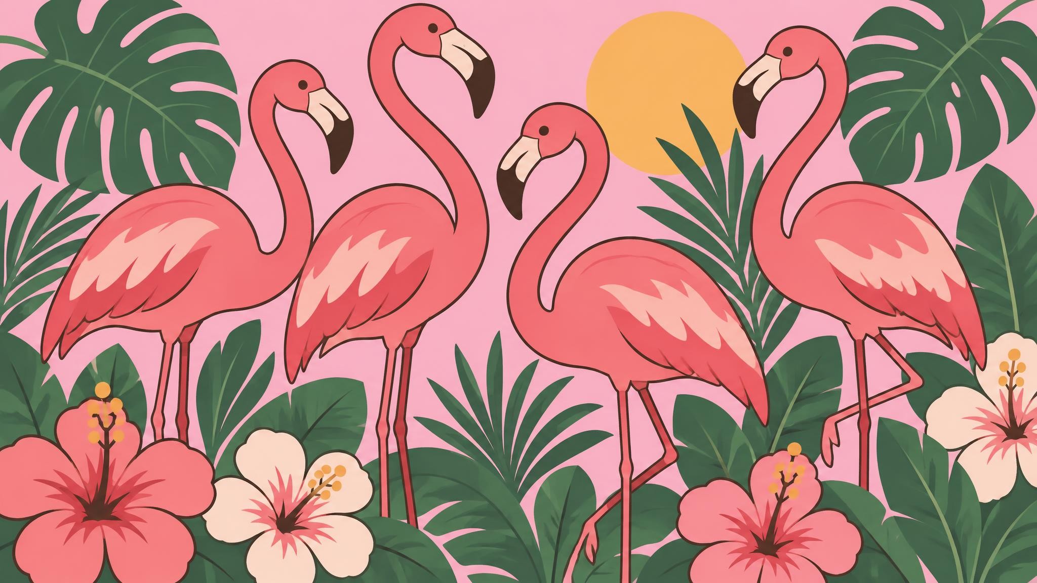 Flamants roses, feuillages et fleurs