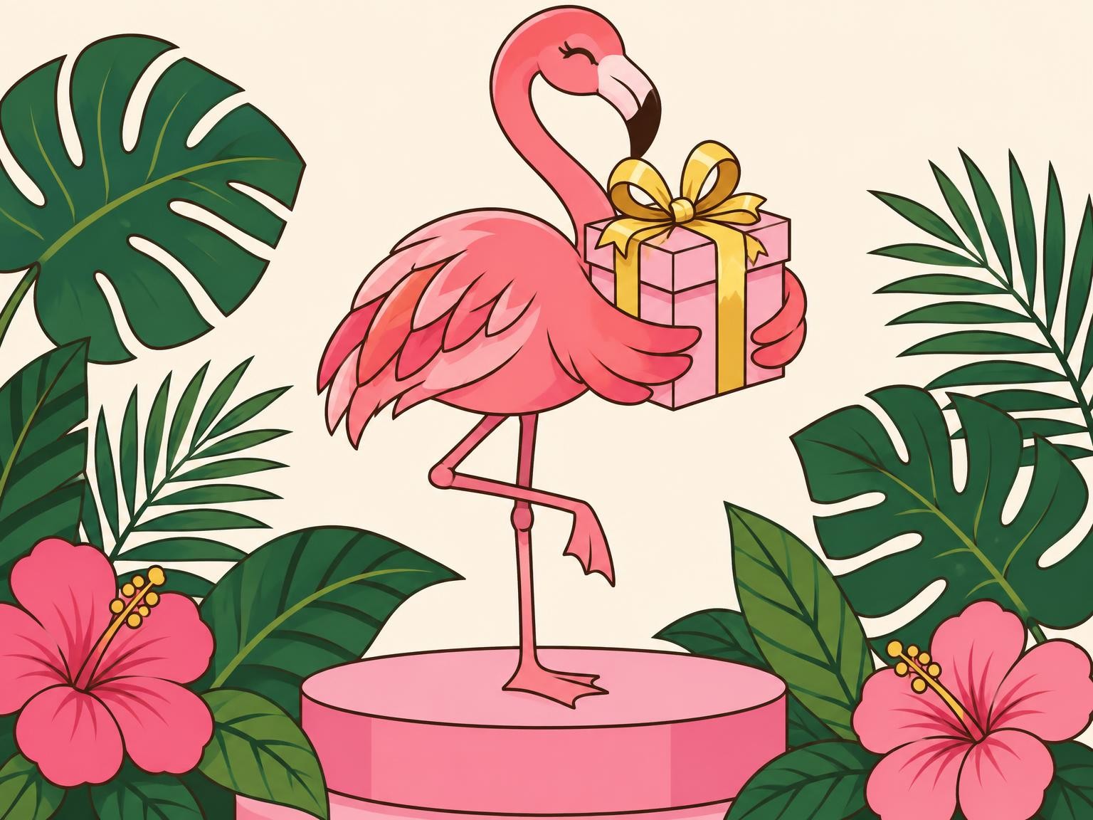 Flamant rose portant un paquet cadeau