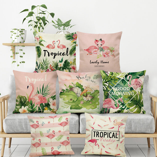 Juste-de-coussin-avec-motif-tropical-flamant-rose-taie-d-oreiller-verte-en-cuir-chevelu-pour